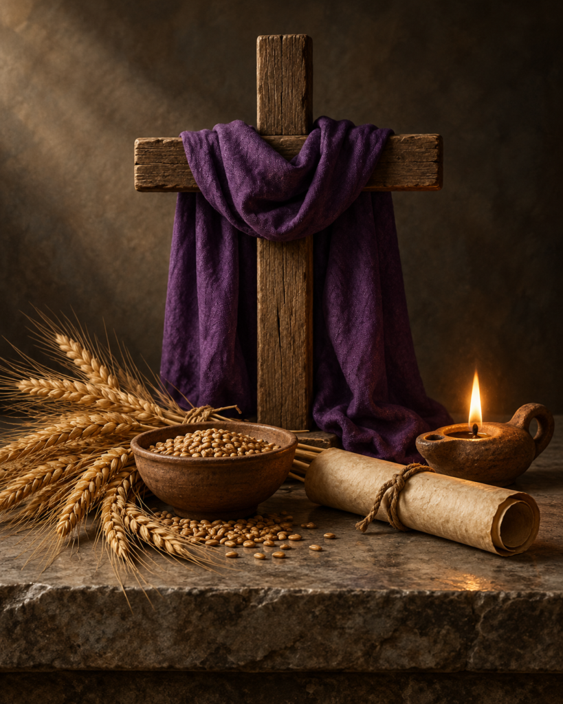 Grano de trigo, espigas, cruz velada, pergamino de la alianza y luz: símbolos del Quinto Domingo de Cuaresma.