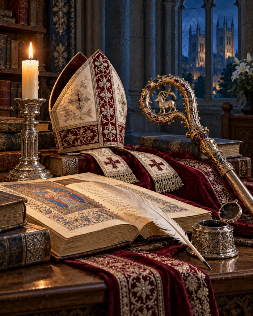 Mitra, báculo, libro y pluma: símbolos de san Anselmo de Canterbury.