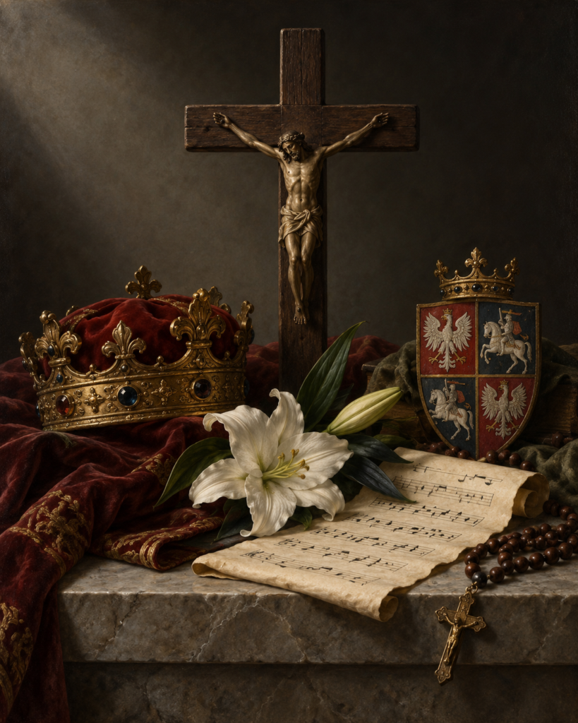 Corona de príncipe, lirio, cruz, rosario y himno mariano: símbolos de san Casimiro de Polonia.