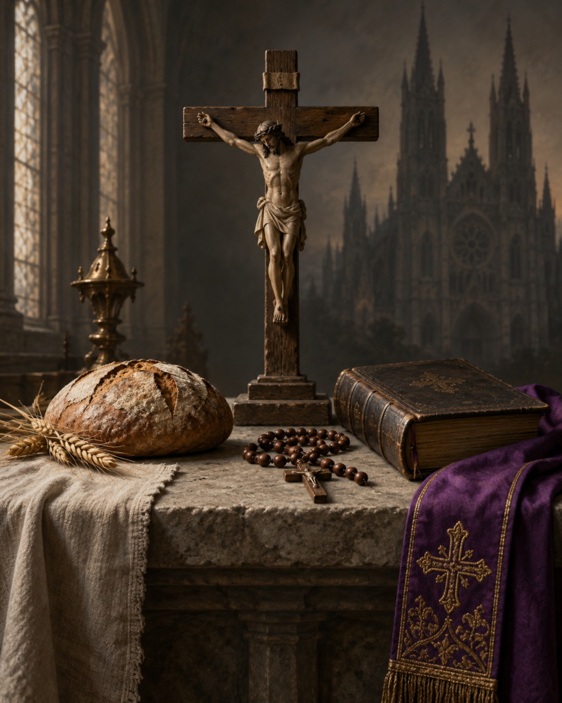 Hábito redentorista, crucifijo, pan, libro y silueta de Viena: símbolos de san Clemente María Hofbauer.