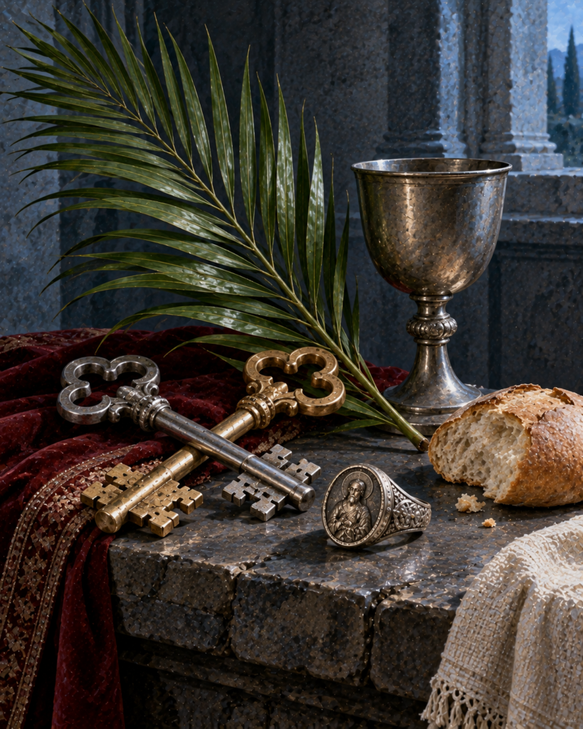 Tiara, cruz papal, palma y llaves: símbolos de san Cleto.