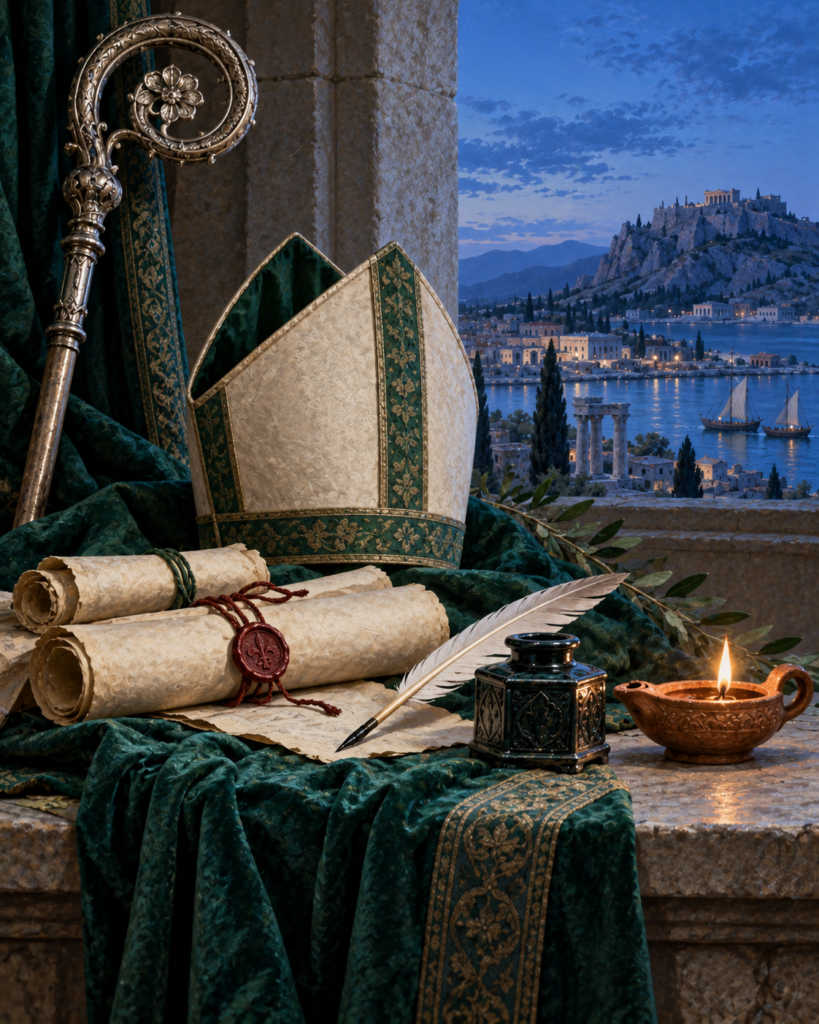 Mitra, báculo, cartas y pergaminos: símbolos de san Dionisio de Corinto.