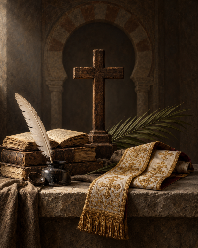 Palma, libros, pluma, estola y torre de Córdoba: símbolos de san Eulogio de Córdoba.