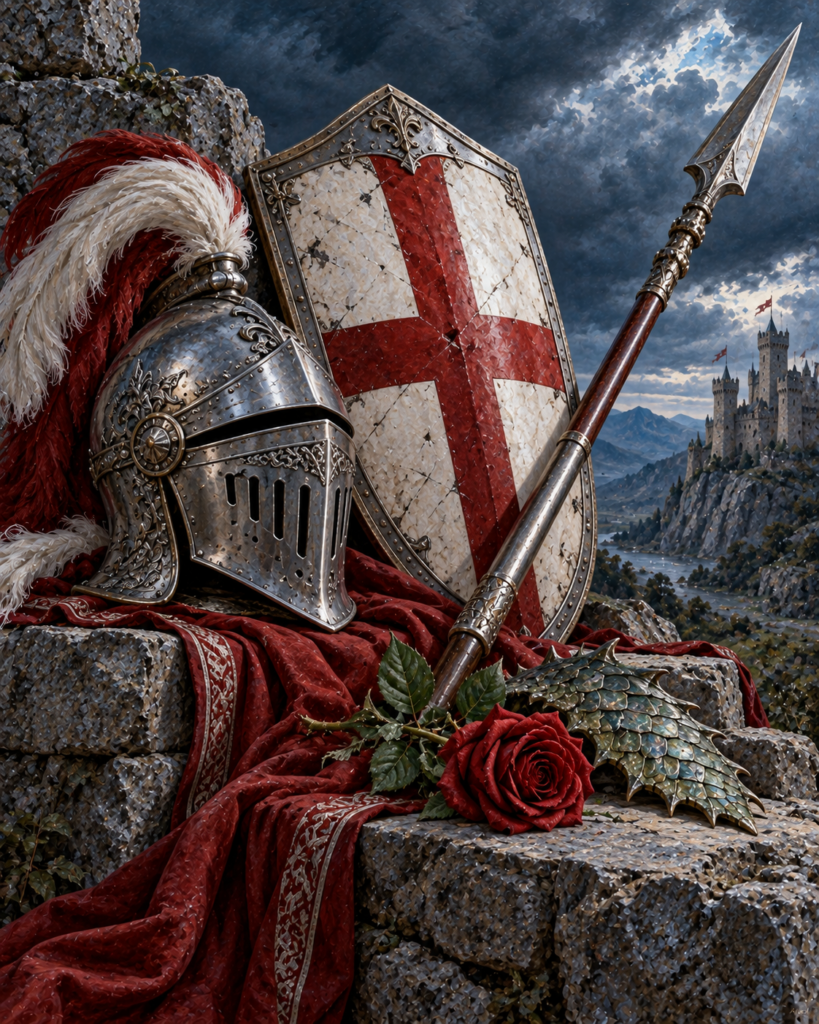 Armadura, lanza, escudo con cruz y dragón: símbolos de san Jorge.