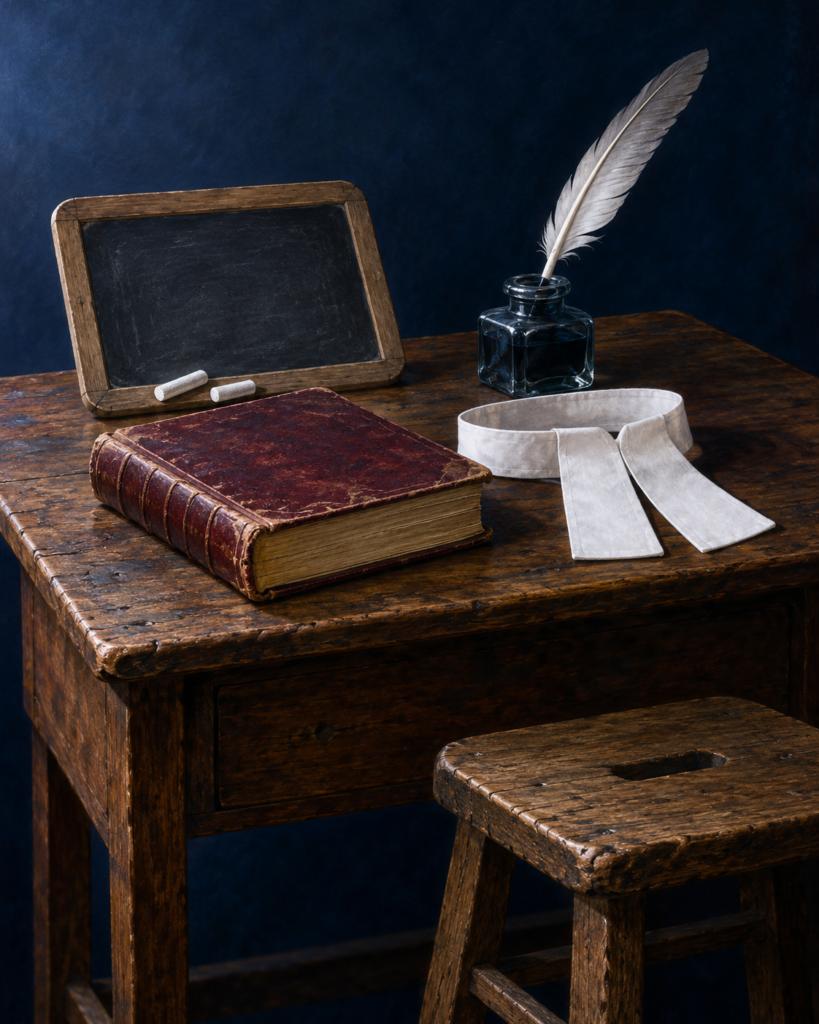 Libro de texto, pluma, sotana de canónigo y niños: símbolos de san Juan Bautista de La Salle.