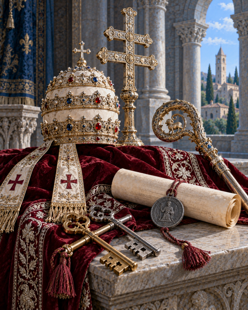 Tiara, cruz papal, llaves y báculo: símbolos de san León IX.