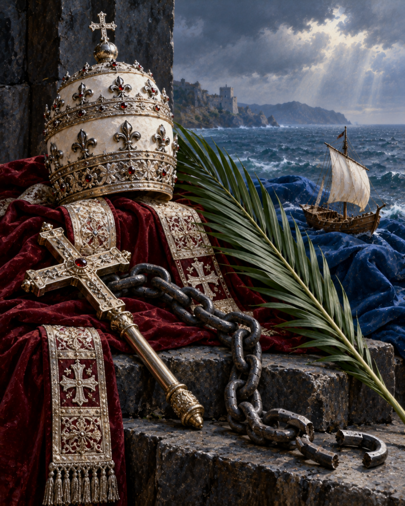 Tiara, palma del martirio, cadenas y cruz papal: símbolos de san Martín I.