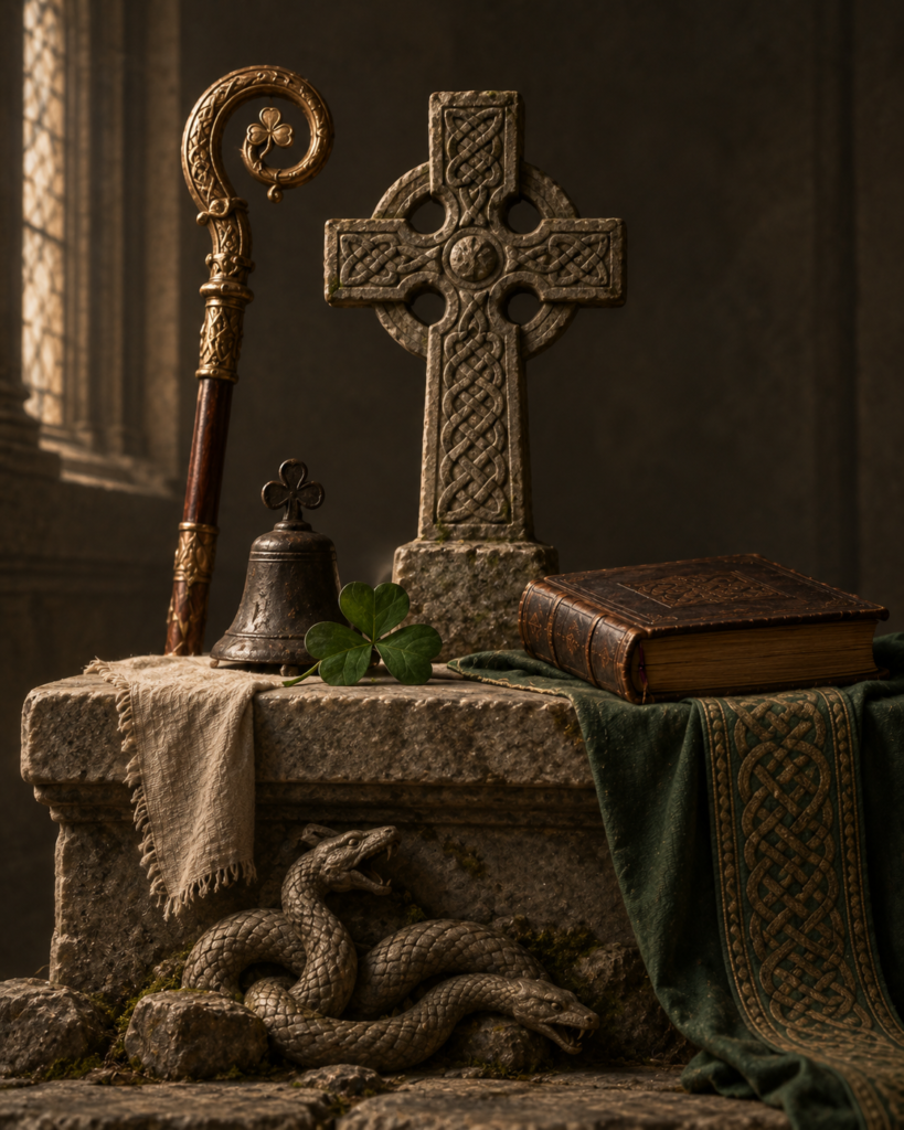 Báculo, mitra, trébol, serpientes, cruz céltica y campana: símbolos de san Patricio.