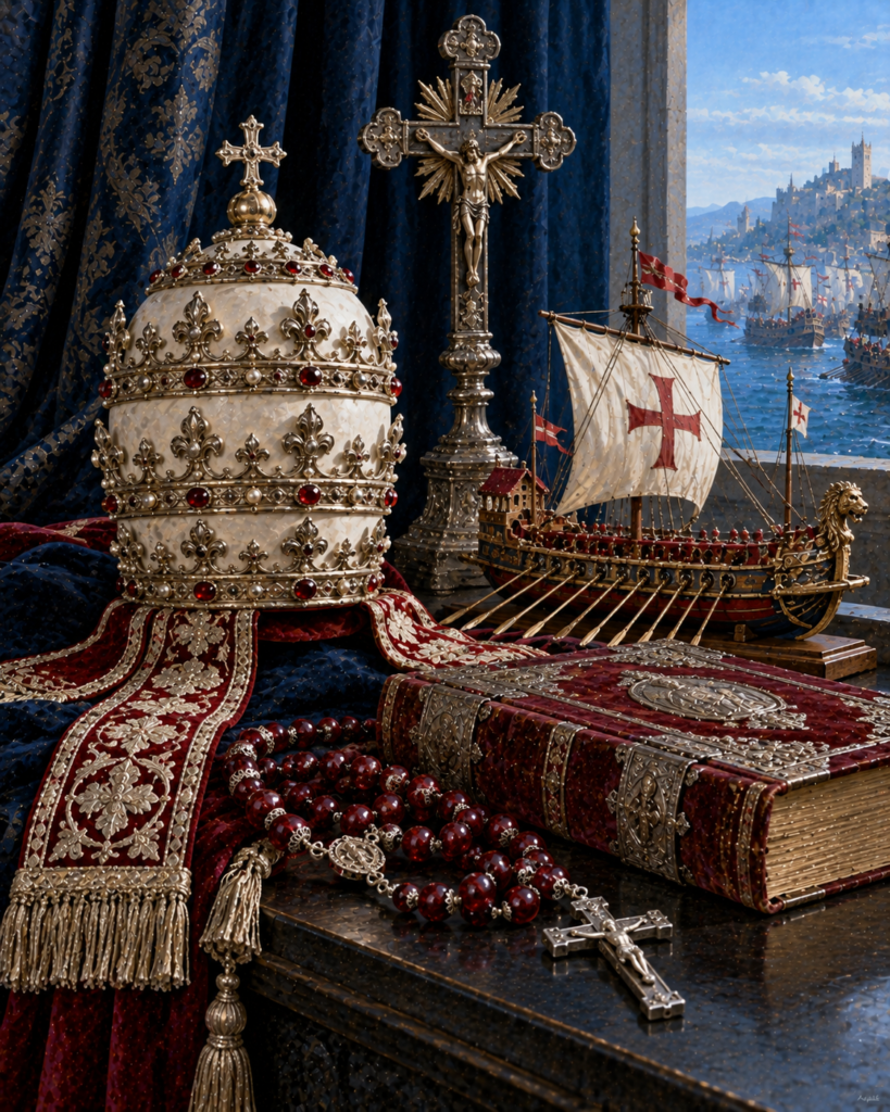 Tiara, hábito dominico, rosario, crucifijo y galera: símbolos de san Pío V.
