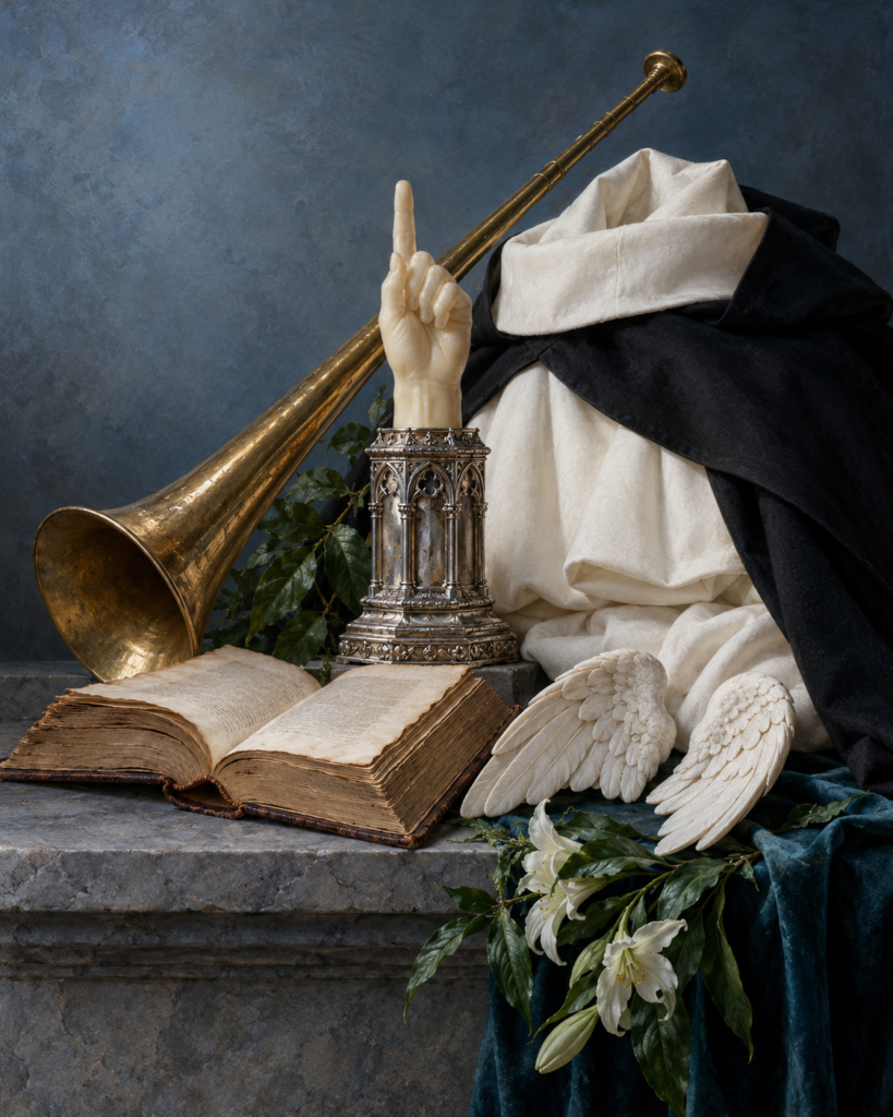Dedo índice alzado, alas, trompeta, libro y hábito dominico: símbolos de san Vicente Ferrer.