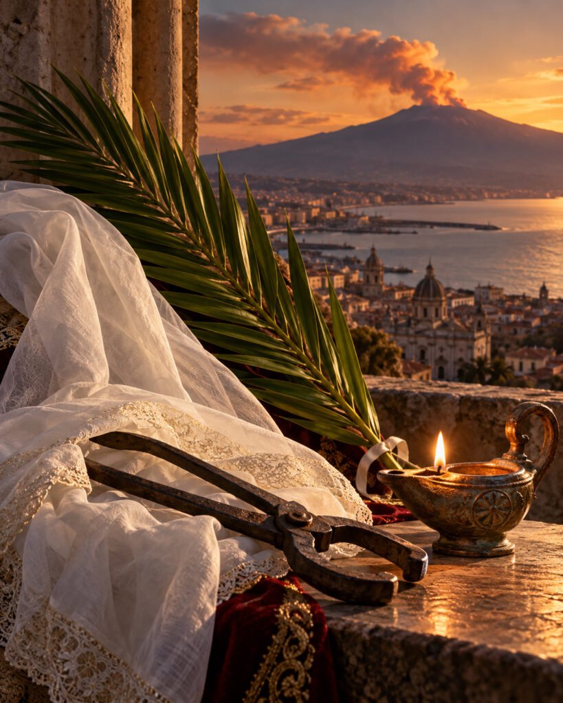 Palma del martirio, velo, tenazas, lámpara y el volcán Etna: símbolos de santa Águeda de Catania.