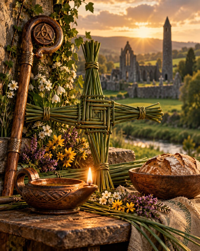 Báculo de abadesa, cruz de juncos, lámpara, pan y flores: símbolos de santa Brígida de Irlanda y de la hospitalidad de Kildare.