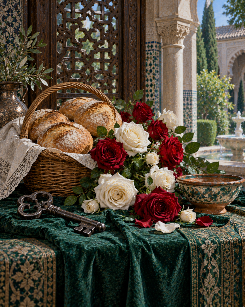 Rosas, panes, manto y corona: símbolos de santa Casilda de Toledo.