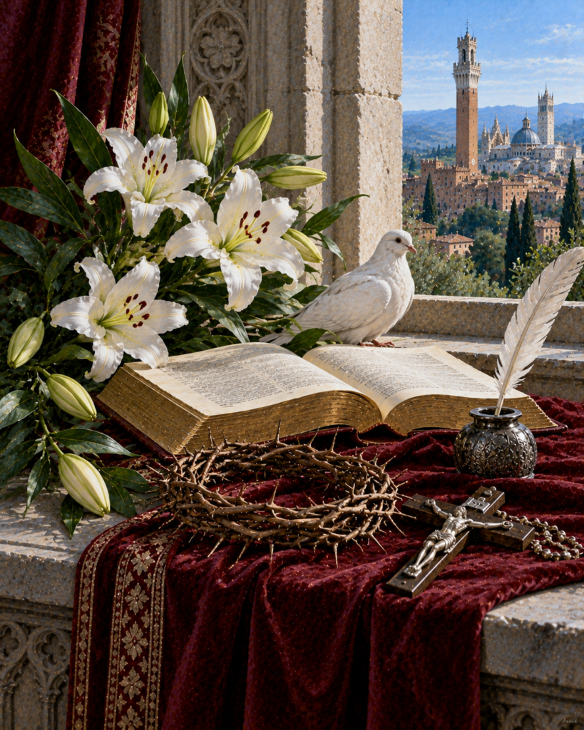 Lirio, libro, crucifijo y corona de espinas: símbolos de santa Catalina de Siena.