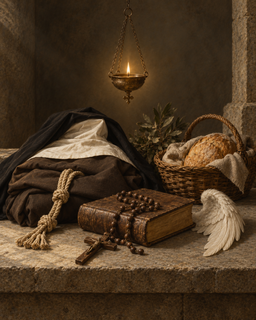 Ángel con luz, hábito de oblata, cesta de pan, rosario y cruz: símbolos de santa Francisca Romana.