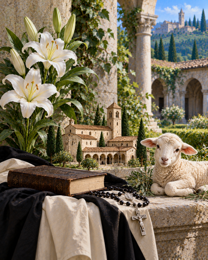 Hábito dominico, lirio, libro y maqueta de convento: símbolos de santa Inés de Montepulciano.