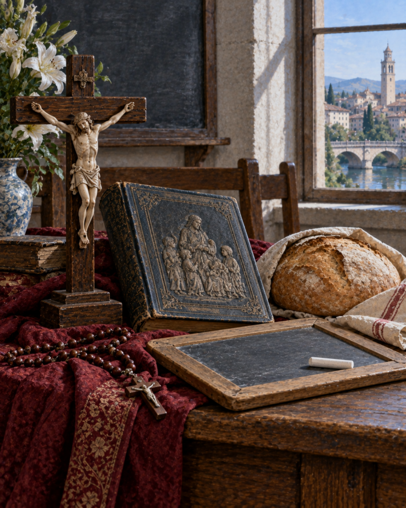 Crucifijo, hábito, libro y niños: símbolos de santa Magdalena de Canossa.
