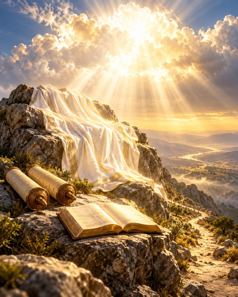 Monte, vestidura resplandeciente, rollos de la Ley y los Profetas, nube y Evangelio: símbolos de la Transfiguración en el Segundo Domingo de Cuaresma.