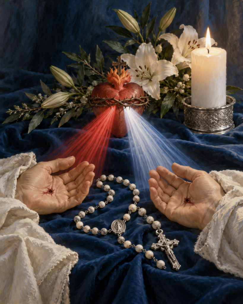 Rayos rojo y pálido, mano en bendición, llagas y «Jesús, en ti confío»: símbolos de la Divina Misericordia.