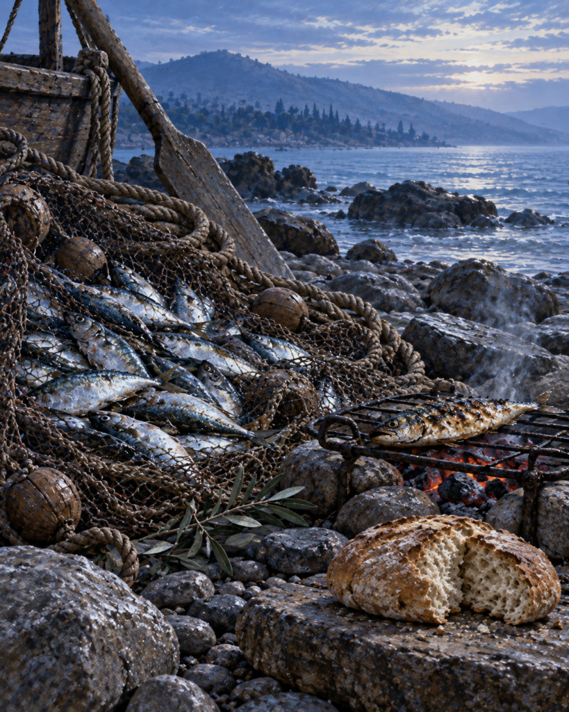 Barca, red llena de peces, brasas, pan y orilla del lago: símbolos del Viernes de la Octava de Pascua.