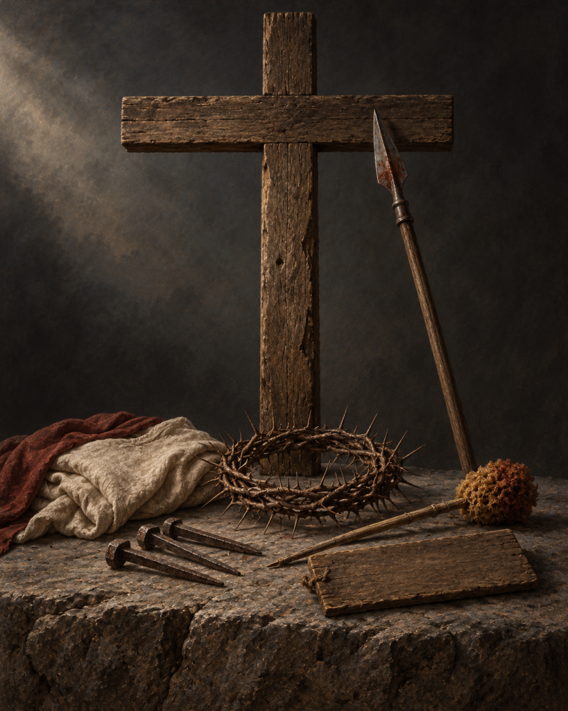 Cruz desnuda, corona de espinas, clavos, lanza y túnica: símbolos del Viernes Santo.
