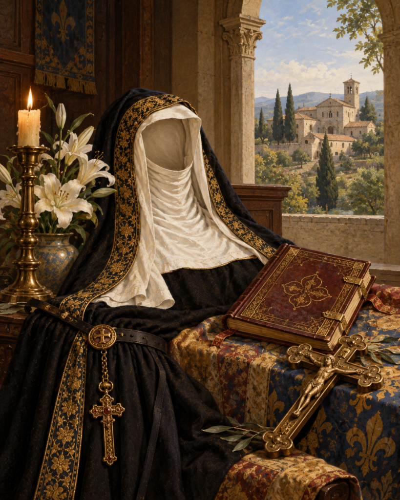 Hábito, Regla de san Agustín, cruz y monasterio: símbolos de la vida religiosa y fundacional de la beata Cristiana de Santa Croce Menabuoi.