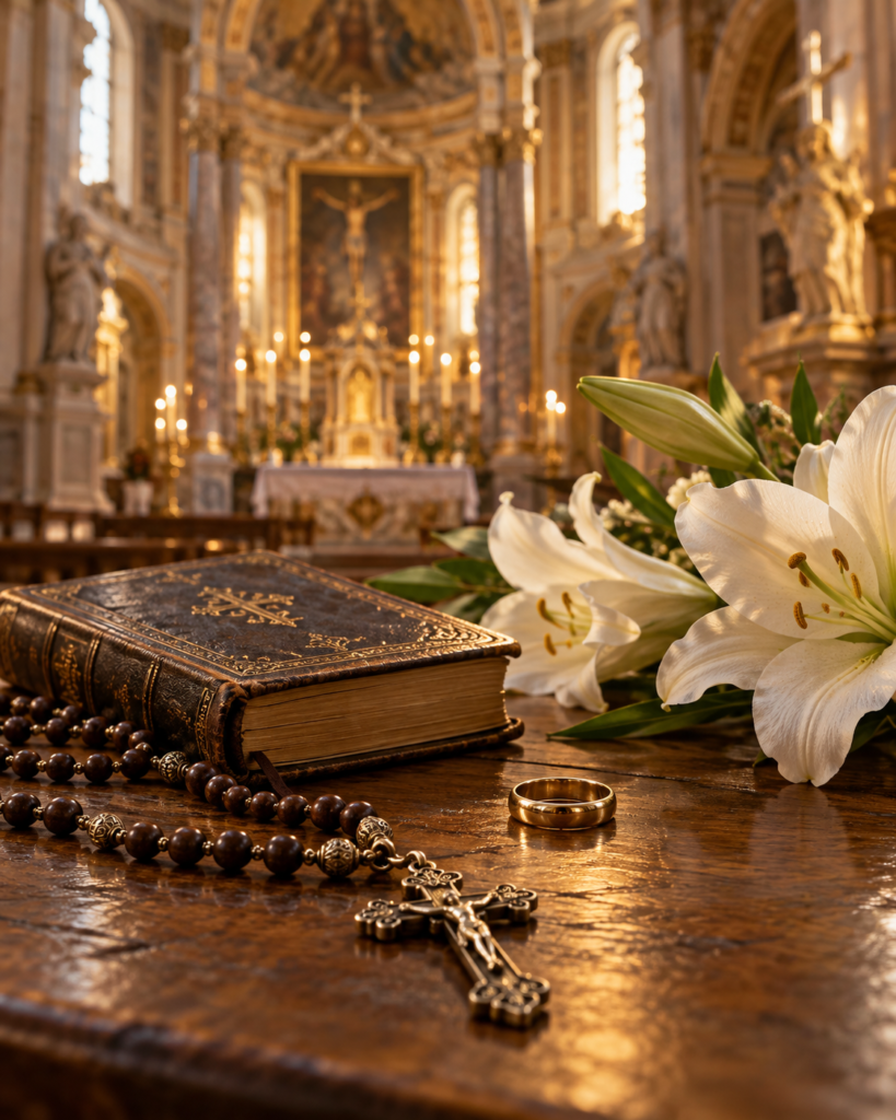 Rosario, libro, anillo y lirios: símbolos de la oración y de la vida matrimonial y espiritual de la beata Elena Duglioli Dall’Olio.