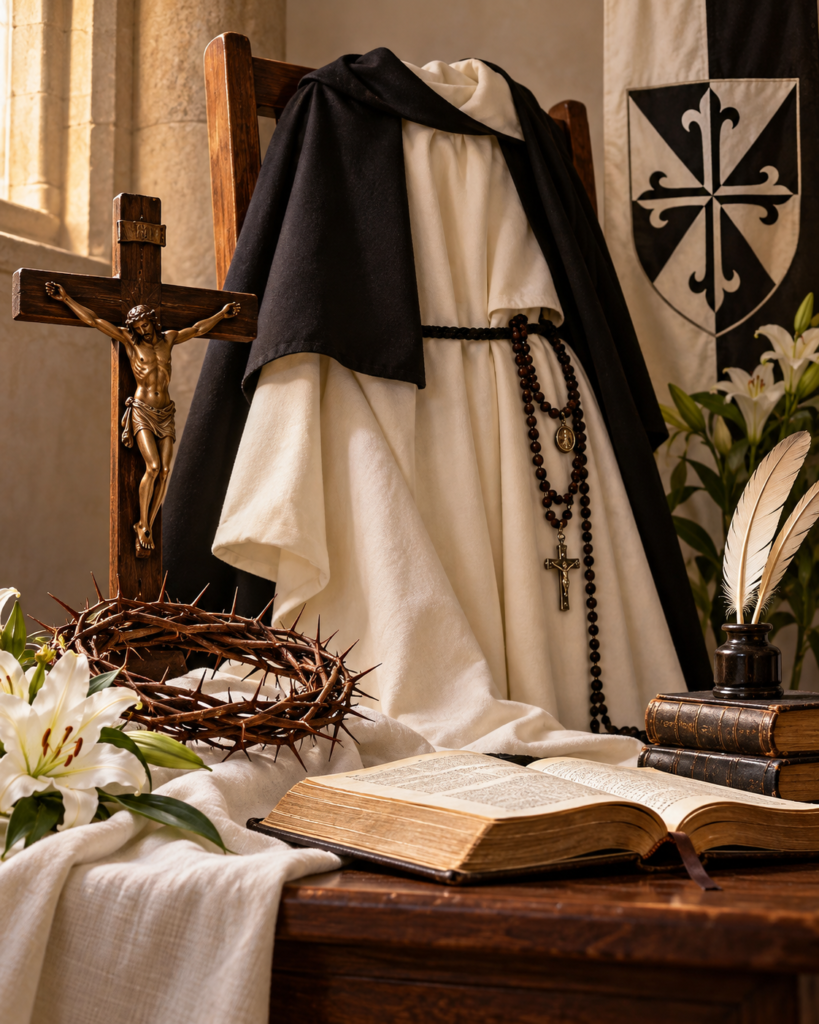 Hábito dominico, crucifijo, corona de espinas, libro y enseñanza: símbolos de la contemplación de la Pasión y la vida dominicana de la beata Estefana Quinzani.