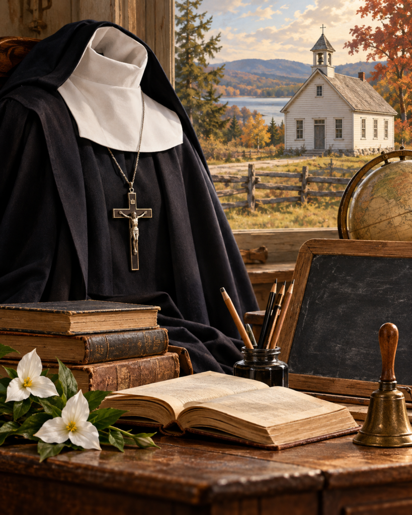 Hábito religioso, libro escolar, crucifijo, pizarra y escuela rural: símbolos de la misión educativa de la beata María Ana Blondin.