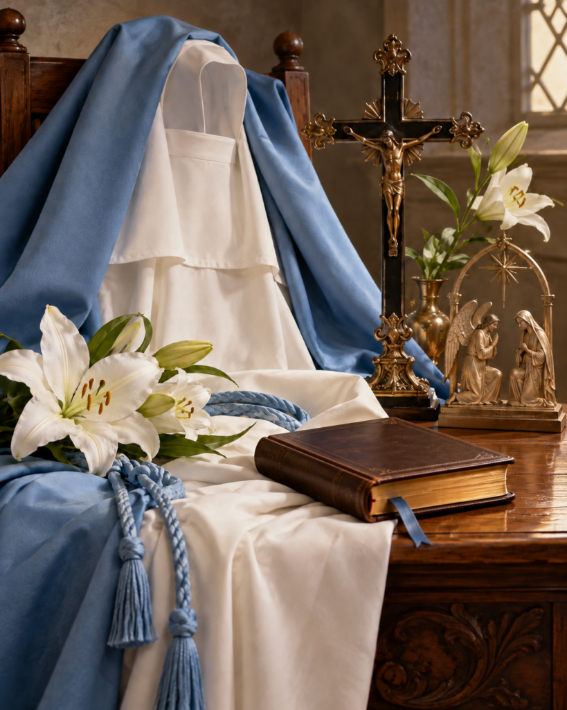 Hábito blanco y azul, crucifijo, libro, lirio y Anunciación: símbolos de la espiritualidad mariana y contemplativa de la beata María Victoria Fornari Strata.