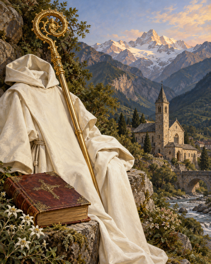 Hábito cartujo, báculo, libro, iglesia y paisaje alpino: símbolos de la vida contemplativa y episcopal del beato Airaldo de Maurienne.