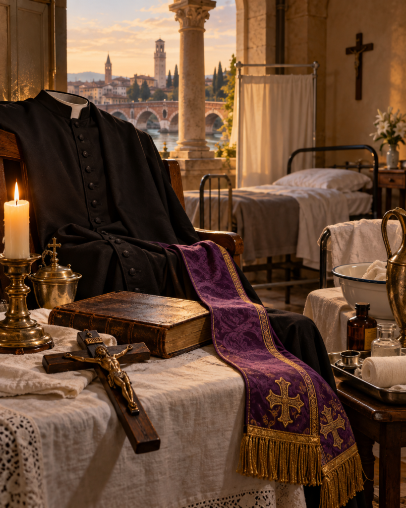 Sotana, crucifijo, libro, estola y elementos hospitalarios: símbolos de la conversión, el sacerdocio y el servicio a los enfermos del beato Carlos Steeb.