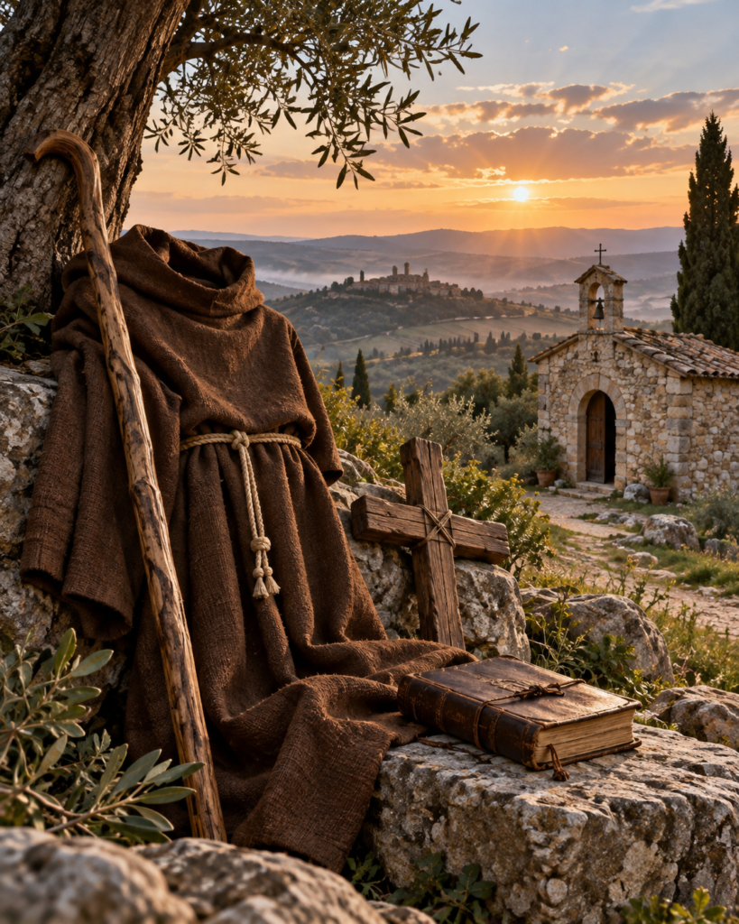 Hábito de ermitaño, bastón, cruz, libro y ermita: símbolos de la vida eremítica del beato Hugolino de Gualdo Cattaneo.
