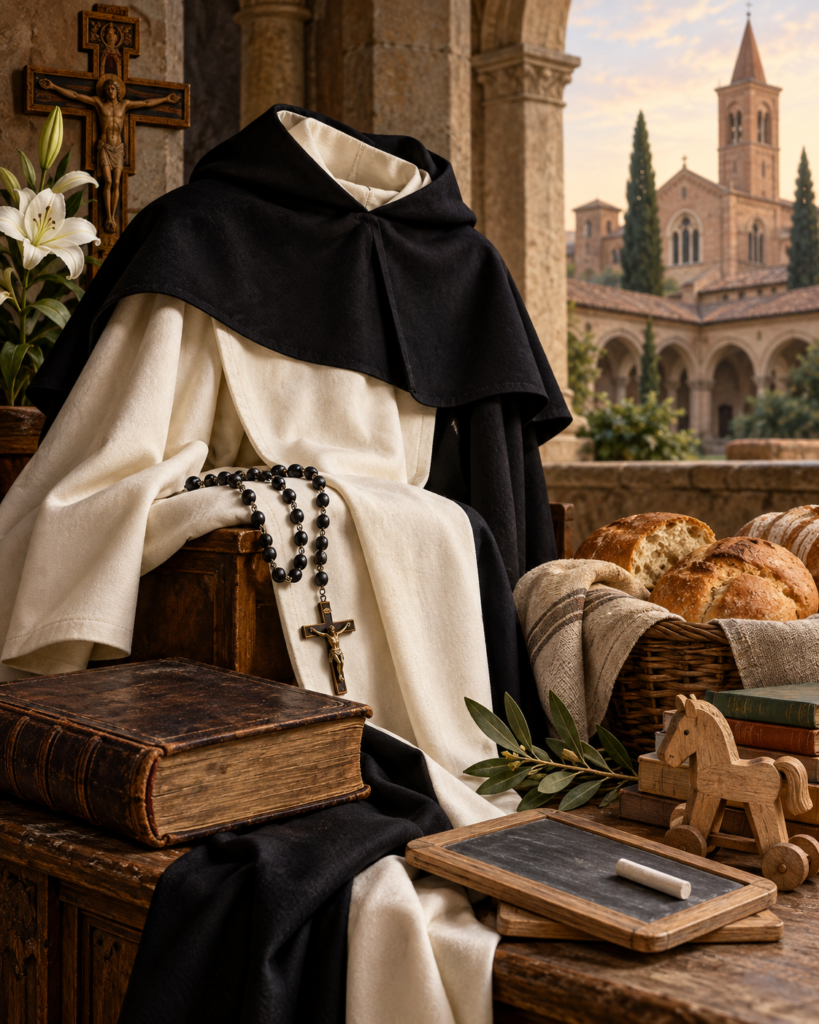 Hábito dominico, rosario, libro y pan para los pobres: símbolos de la humildad y la caridad del beato Marcolino Amanni.