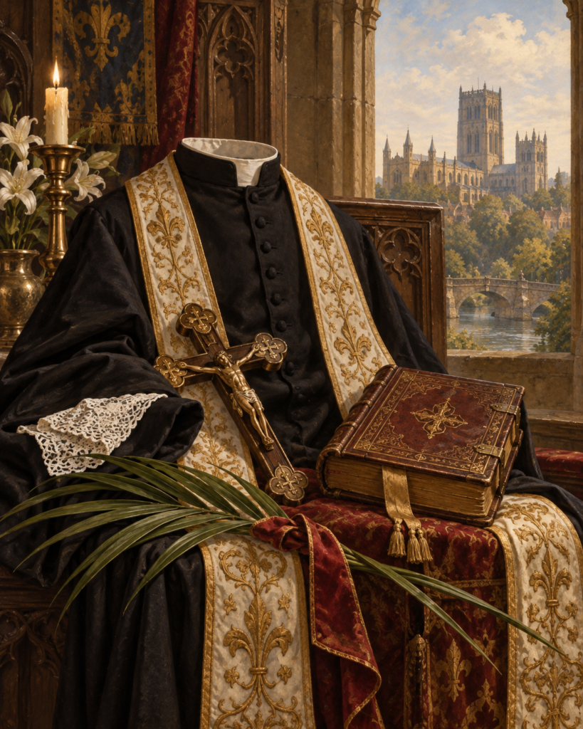 Sotana, crucifijo, breviario y palma del martirio: símbolos del sacerdocio y el martirio del beato Tomás Plumtree.