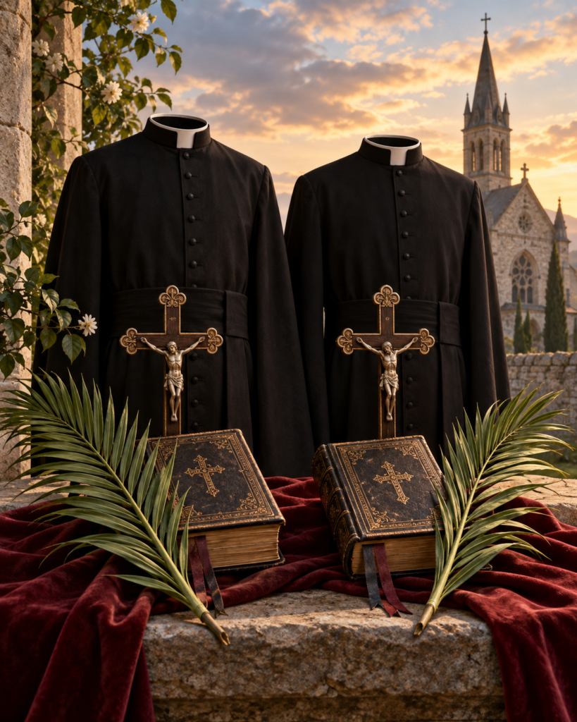 Sotanas, crucifijos, breviarios y palmas del martirio: símbolos del sacerdocio y martirio de los beatos Guillermo Répin y Lorenzo Bâtard.