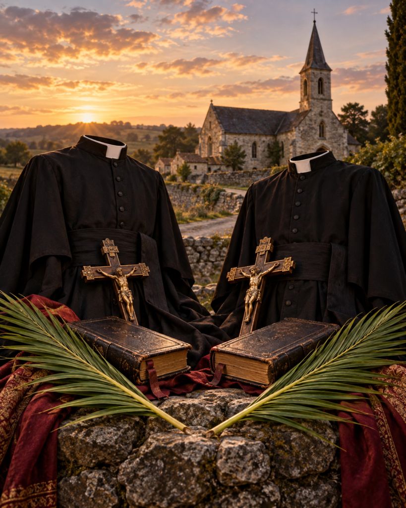 Sotanas, crucifijos, breviarios y palmas: símbolos del sacerdocio y martirio de los beatos Juan Bautista y Renato Lego.