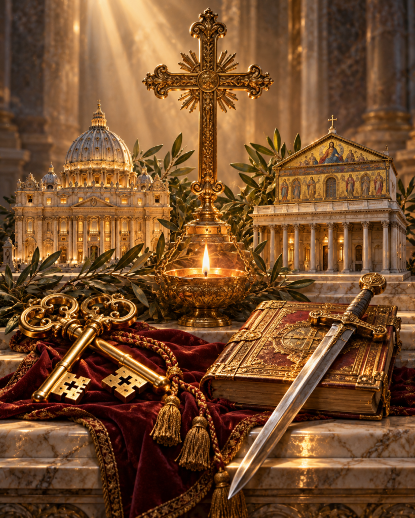 Llaves, espada, libro, basílicas y cruz: símbolos de la memoria apostólica de san Pedro y san Pablo en Roma.