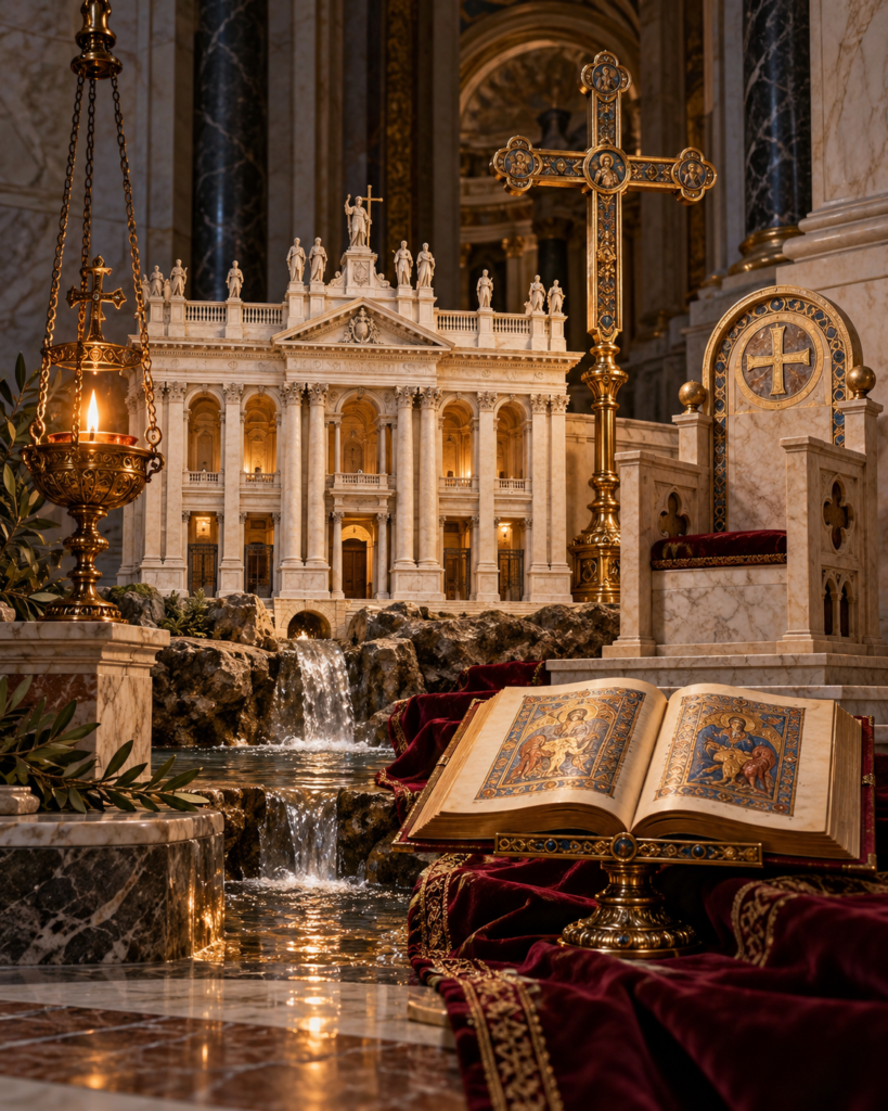 Basílica, cátedra episcopal, cruz, Evangelio y lámpara: símbolos de San Juan de Letrán como catedral de Roma y signo de comunión eclesial.