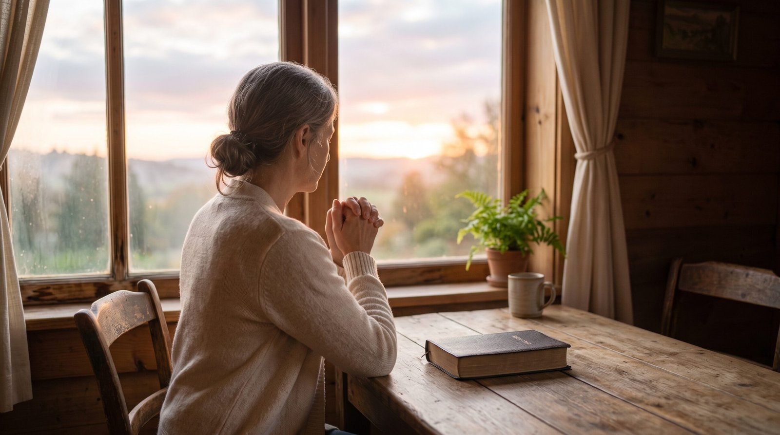 Persona orando en silencio junto a una ventana al amanecer, con una Biblia sobre la mesa
