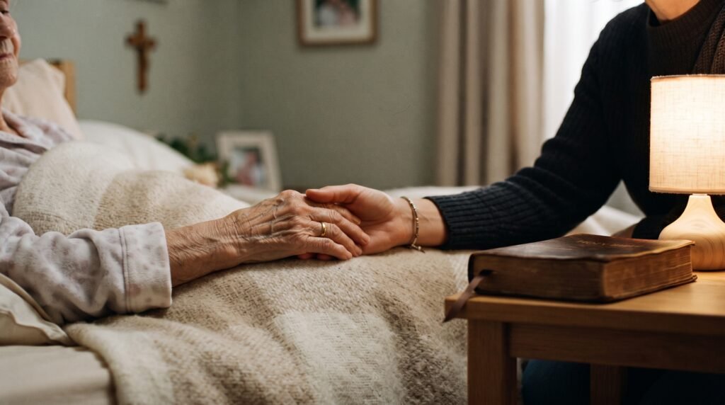 Dos manos unidas sobre una manta junto a una cama, con una Biblia y una luz cálida