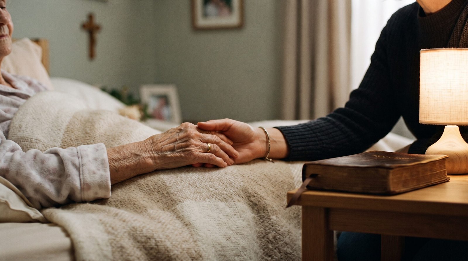 Dos manos unidas sobre una manta junto a una cama, con una Biblia y una luz cálida
