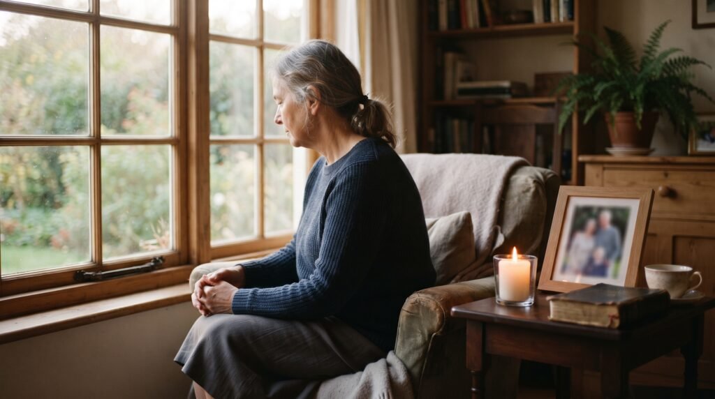 Persona sentada junto a una ventana en una habitación tranquila, con una vela encendida y una fotografía desenfocada