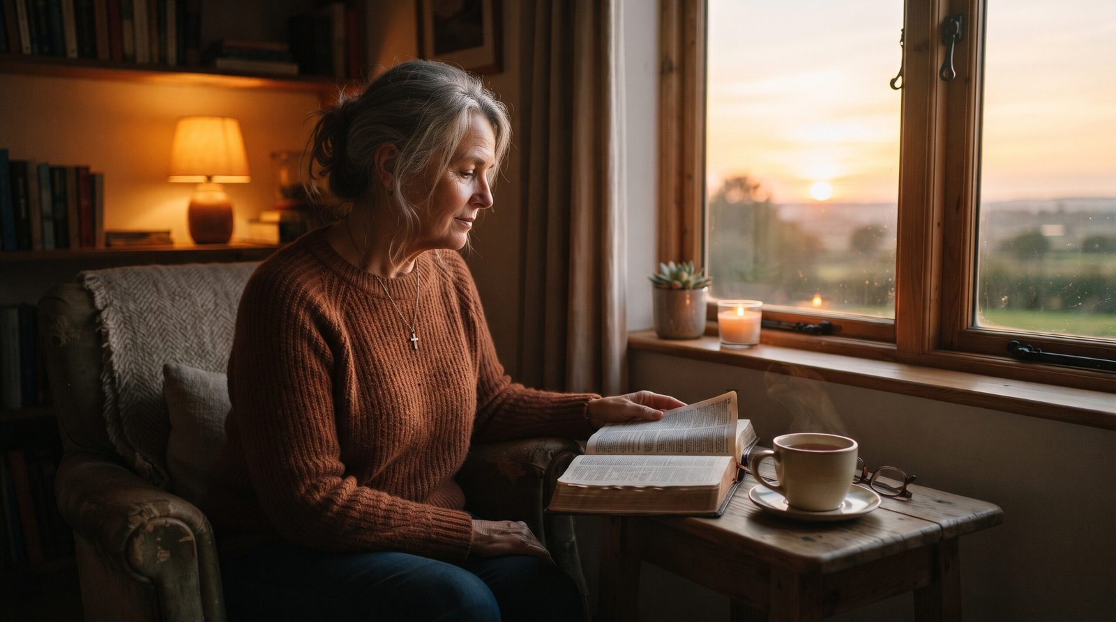 Persona sentada junto a una ventana al atardecer, con una taza y una Biblia en un ambiente cálido