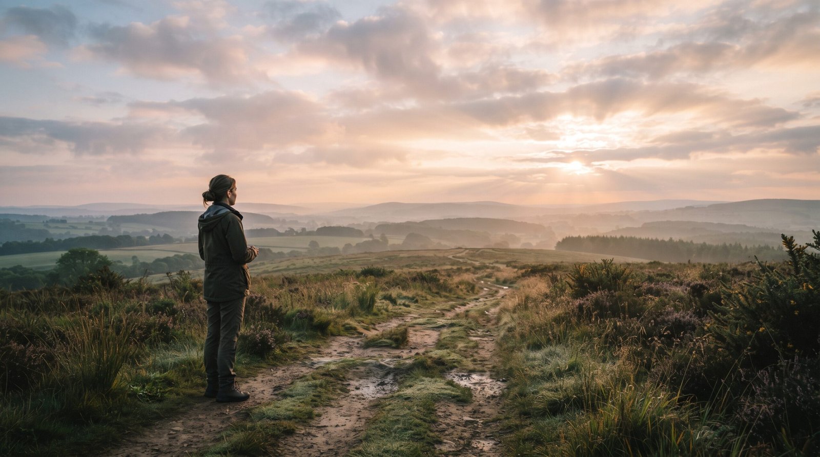 Persona detenida en un camino al amanecer, contemplando el horizonte con serenidad