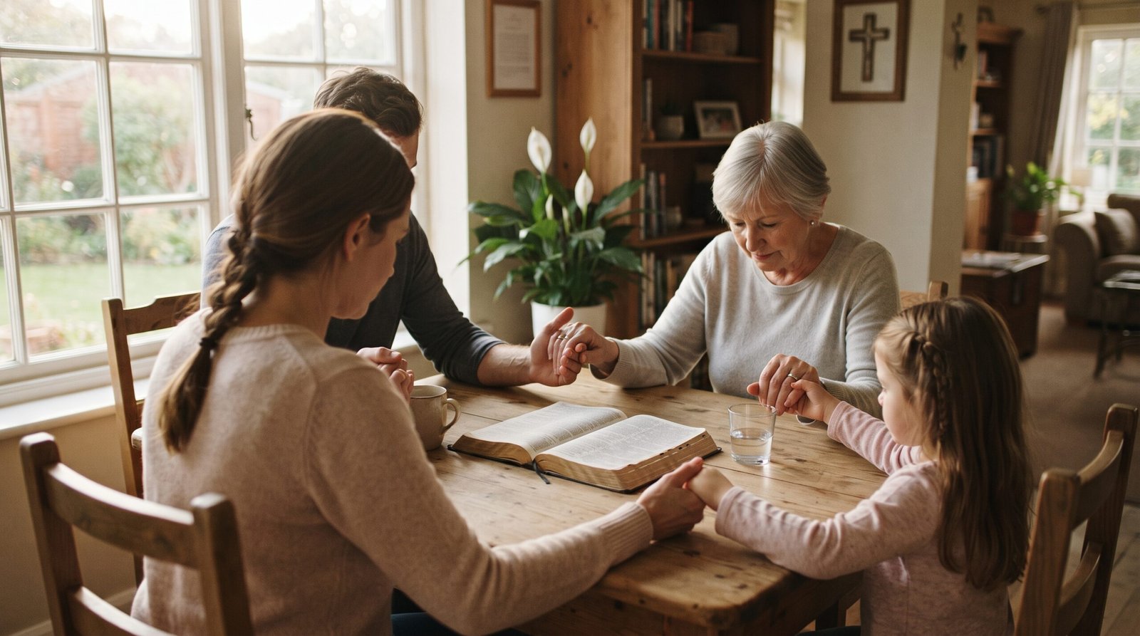 Familia reunida alrededor de una mesa con las manos unidas en oración y una Biblia en el centro