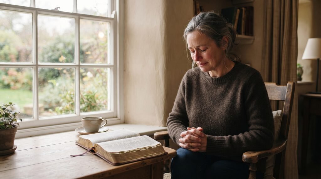 Persona sentada junto a una ventana con las manos entrelazadas y una Biblia abierta, en actitud de oración y esperanza