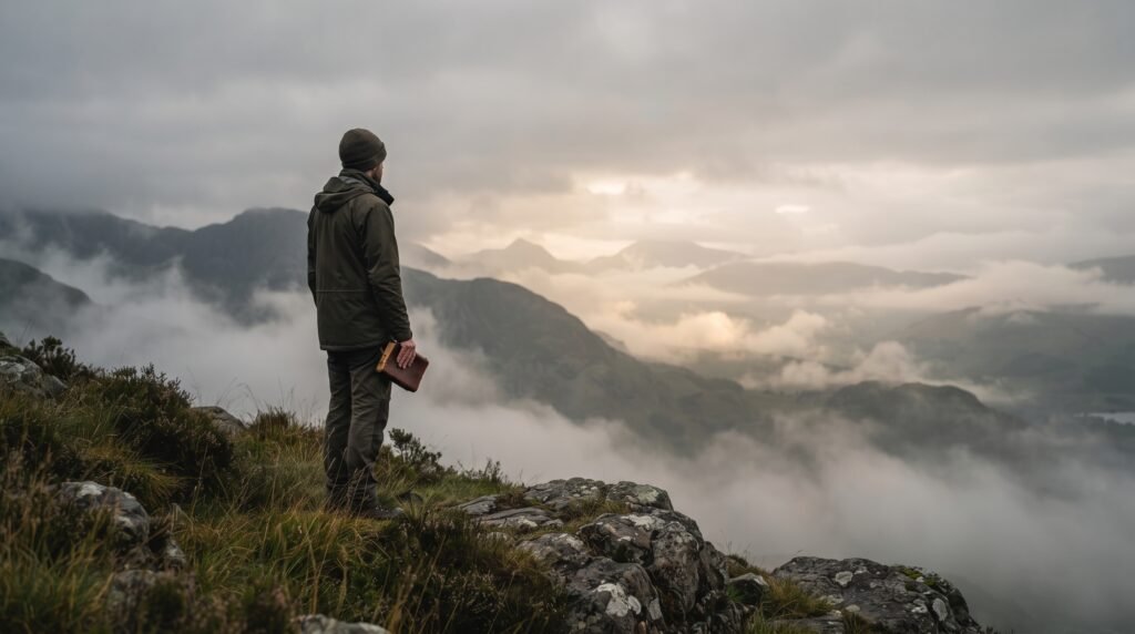 Persona contemplando un paisaje cubierto de niebla con una Biblia en las manos, símbolo de búsqueda y confianza