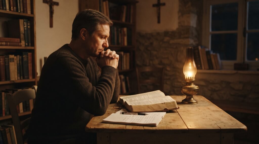 Persona reflexionando ante una mesa con una Biblia abierta, una libreta y una lámpara encendida