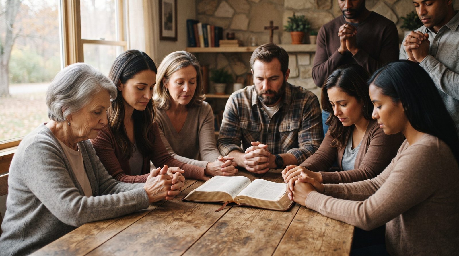 Personas reunidas alrededor de una mesa con las manos unidas en oración y una Biblia abierta en el centro